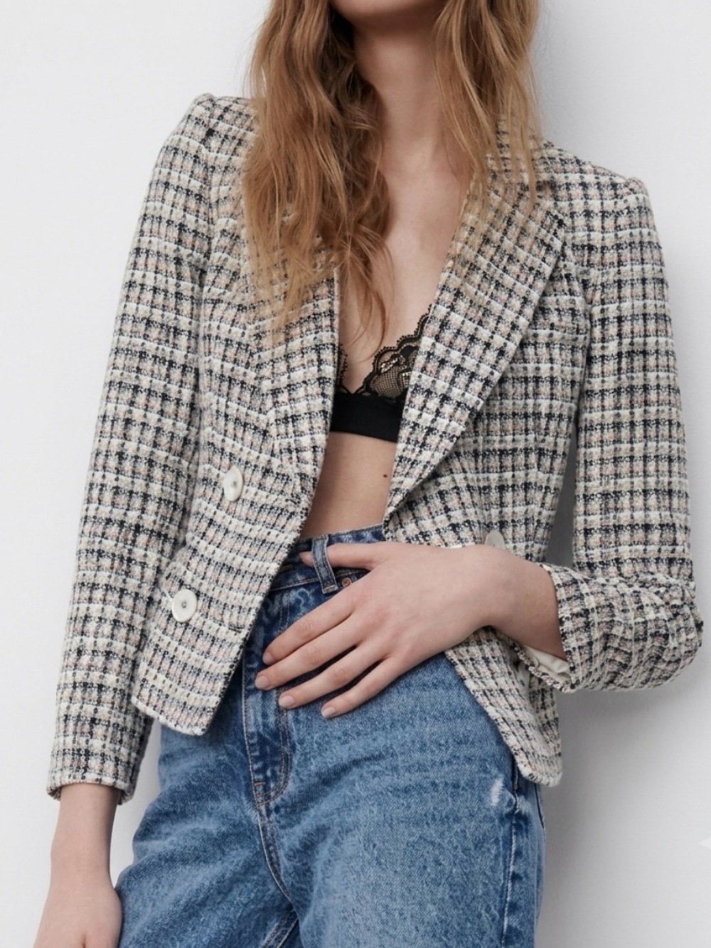 Zara Textured Weave Double Breasted Multi-Colored Short Blazer Old Money Preppy